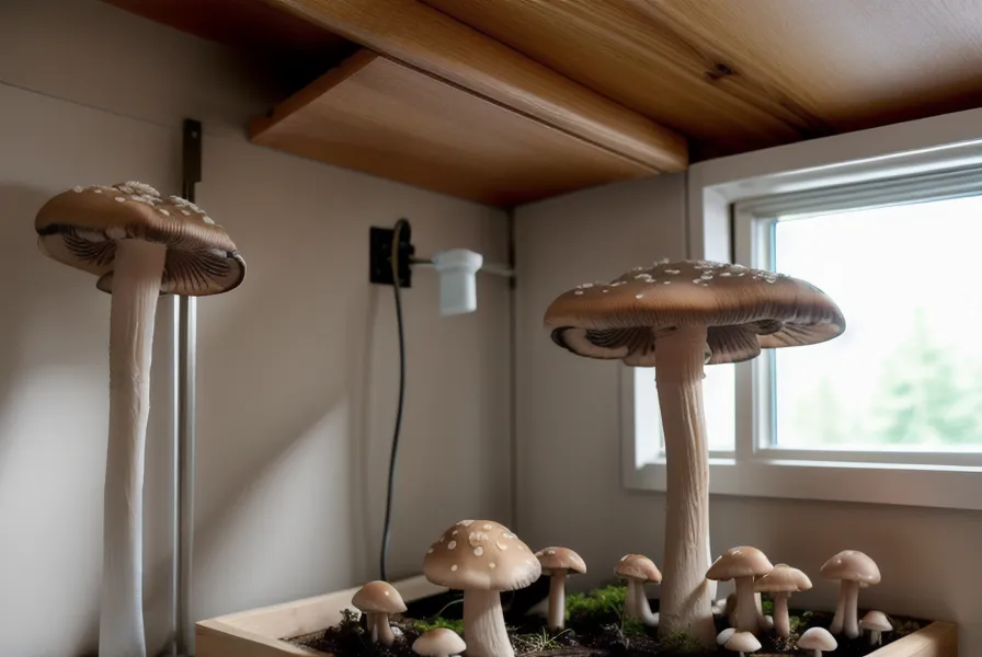Higrómetro digital controlando la temperatura de un cultivo de hongos en departamento durante el invierno