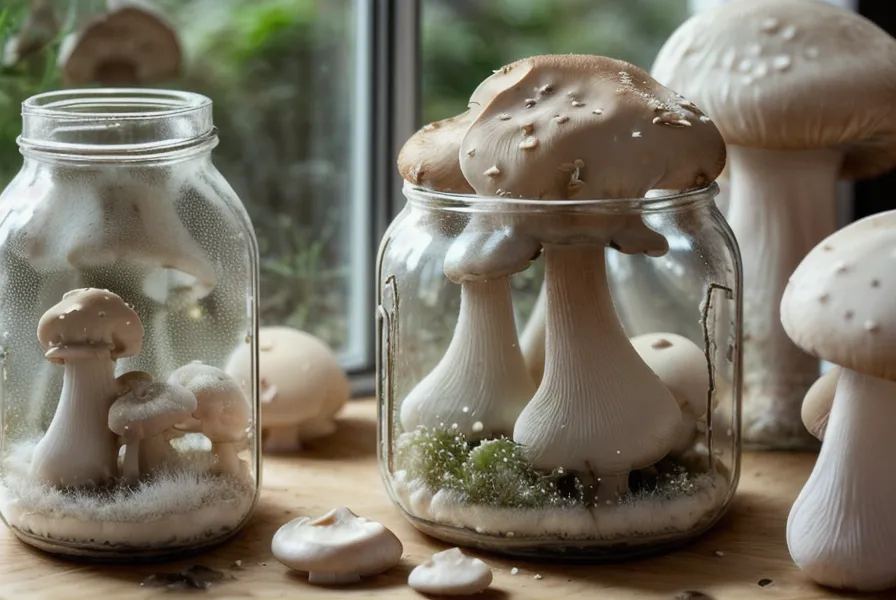 Micelio de setas blanco y sano colonizando un frasco de vidrio, primer paso del cultivo de hongos casero