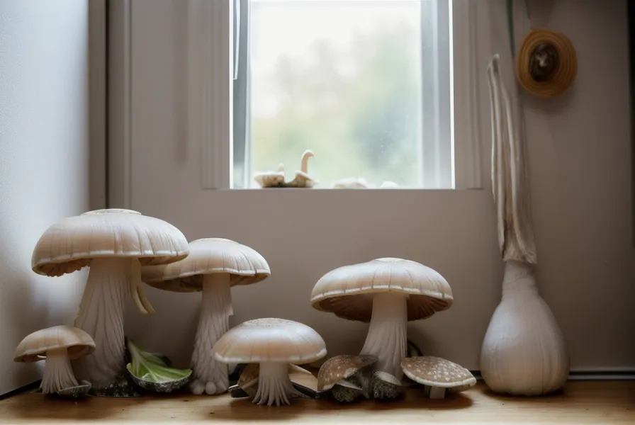 Tira de luz LED blanca fría iluminando gírgolas jóvenes de Pleurotus ostreatus para favorecer forma y color