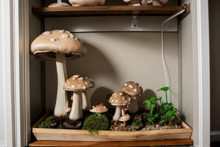 Mano usando un rociador manual para humedecer las paredes de plástico del placard de cultivo, técnica básica para principiantes en hongos